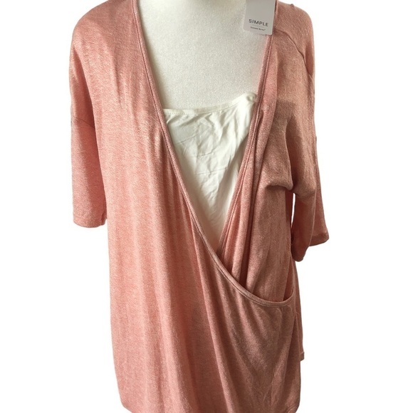 NEW Simple Suzanne Betro Knit Top Women XL Pink White Faux Wrap Front - Picture 3 of 10